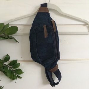 vintage-style denim and faux leather fanny pack